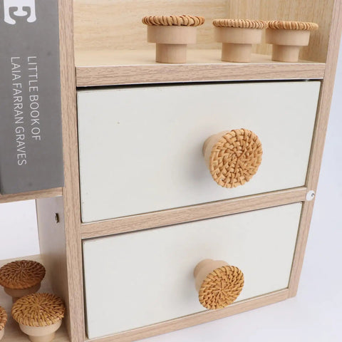 Six Piece Boho Rattan Wood Dresser Knob Set For Cabinets And Drawers Natural Finish Durable 1.57 Inch Diameter And 1.18 Inch Height Fits 16 To 19mm Door Panels Adds Warm Modern Country Chic Look No Sweat Install, rattan wood drawer knobs on dresser