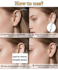 Piercing Taper Kit For Threadless And Internal Threaded Jewelry Changing Tools demonstrated on ear with step-by-step guide.