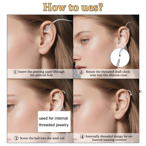 Piercing Taper Kit For Threadless And Internal Threaded Jewelry Changing Tools demonstrated on ear with step-by-step guide.