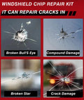 Hassle Free Windshield Chip Repair Kit Using Sun Activated Resin For Fast Auto Glass Crack Fixes Skip The Mechanic Save Some Green Quick Five Minute Diy Car Windshield Fix Two Bottle Kit with images of various windshield damage types.