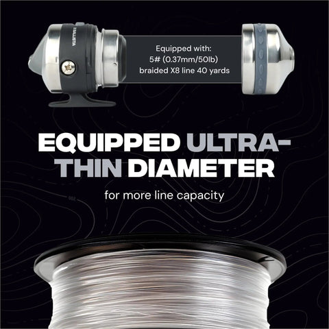 Spincast Bowfishing Reel For Slingshot Bow Fishing Stainless Steel Construction with 5 lb, 50 lb test braided line, ultra-thin diameter