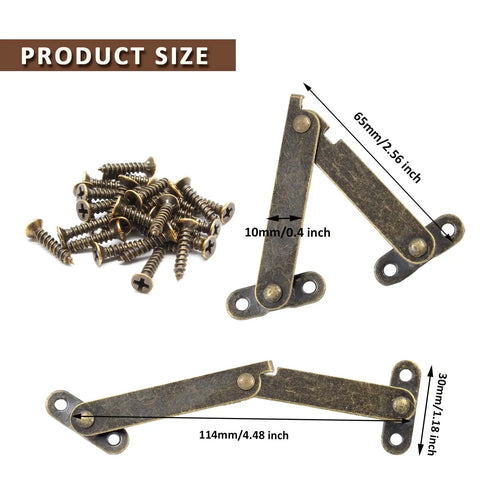 Top Shelf 6 Piece Folding Lid Stay Hinges Retro Bronze Finish For Wooden Jewelry Boxes Craft Cabinets Solid Hardware with screws showing size.