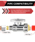 Pack Of Five Push Fit Quarter Turn Straight Stop Valves Water Shut Off Half Inch Push To Three Eighth Inch Compression With Dismount Clip Tool For Copper Pex CPVC And Pert Piping Up To Two Hundred PSI And Two Hundred Degrees Fahrenheit illustration of valve with copper and PEX pipe