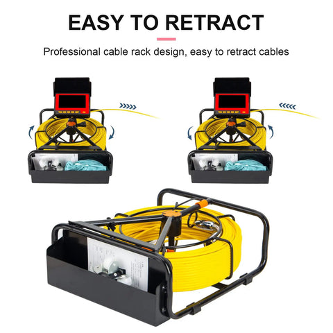 Heavy Duty Sewer Camera With 100 Ft Cable And Built In 16Gb Dvr for easy retracting yellow cable reel and display unit.