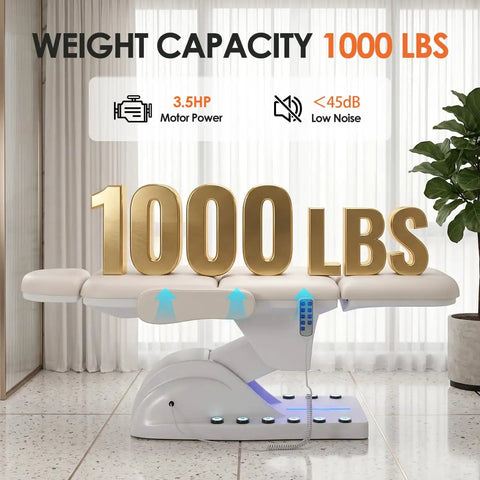 Professional Fully Electric Facial Massage Table With Lift For Estheticians, showing 1000 lbs capacity and controls.
