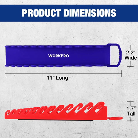 Product dimensions of Super Magnetic Wrench Organizer Two Pack, showing 11" length and 2.2" width with hooks.