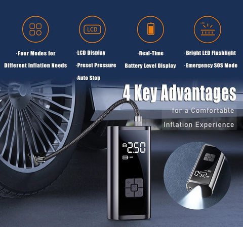 Heavy Duty Portable Tire Inflator And Digital Air Compressor With 150 Psi Gauge LED work light, showing LCD display and hose.