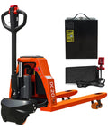 Heavy Duty 48V Electric Pallet Jack With Massive 4400lb Load Capacity For Warehouses, featuring orange frame, battery and charger.