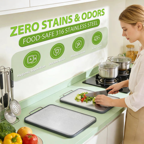 Front view of ANYZONE 17x11 inch stainless steel cutting board, double-sided with juice grooves