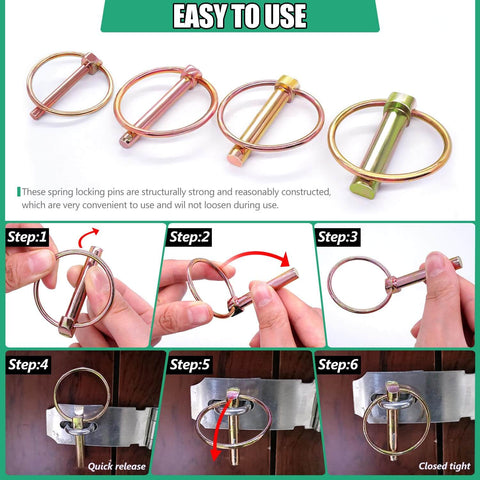 12 Pack Gold Zinc Plated Lynch Pins With Ring, Assorted 1/4, 3/16, 5/16, 7/16 Inch Quick Pins, heavy duty self-locking usage