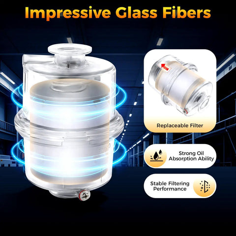 Heavy Duty Workhorse Oil Mist Filter Delivering Ninety Five Percent Clean Air Extraction For Vacuum Pump Exhaust Fume Scrubbing In Busy Machine Shops And Tight Garages, showcasing clear housing and replaceable filter.
