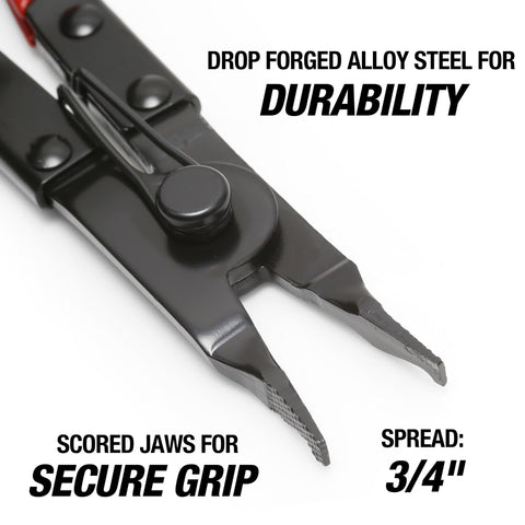 8 Inch Angle Tip Lock Ring Pliers For Spreading Snap Rings On Brakes, Pedal Shafts, Clutch Shafts, Transmissions And Piston Rings With Heavy Duty Pro Grade Spring Loaded Jaws And Vinyl Grips Made From Drop Forged Alloy Steel