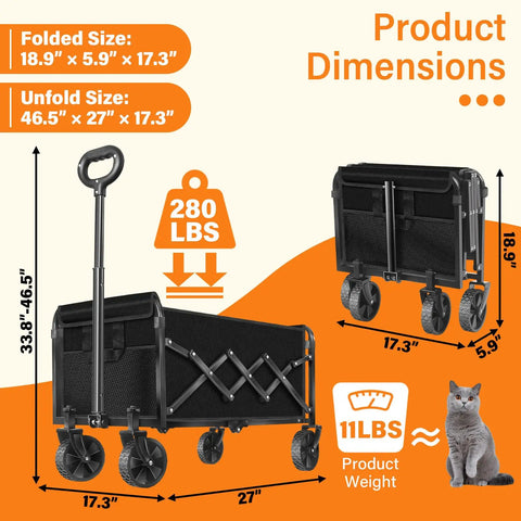 Foldable Wagon Cart With Wheels Lightweight 11 Lb Collapsible Wagon 280 Lb Capacity For Camping Travel Sports Grocery Shopping Black Easy One Pull Fold Up In Seconds, unfolded view with dimensions