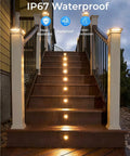 16 Pack LED Recessed Deck Lights With Protective Shell IP68 Waterproof Warm White 0.6W All In One Outdoor Landscape Lighting Kit 12V Low Voltage For Garden Yard Steps Riser Stair Decoration And Pathway illuminating a wooden staircase with IP67 rating icons displayed.