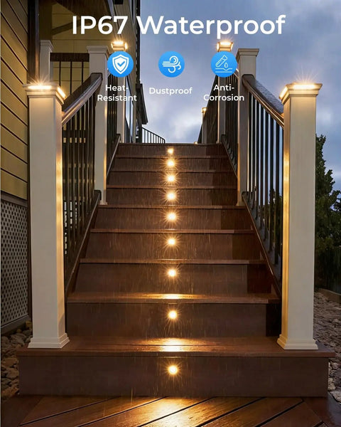 16 Pack LED Recessed Deck Lights With Protective Shell IP68 Waterproof Warm White 0.6W All In One Outdoor Landscape Lighting Kit 12V Low Voltage For Garden Yard Steps Riser Stair Decoration And Pathway illuminating a wooden staircase with IP67 rating icons displayed.