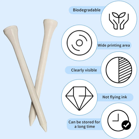 Custom Wooden Golf Tees Pack, Personalized Tees Printed With Your Name Or Text Logo, Bulk 100 To 1000 Pieces shown with icons.