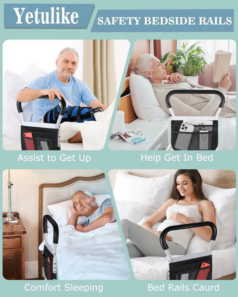 Adjustable Bed Rail For Seniors With No Tool Assembly And Sturdy Support Legs showing diverse uses and storage bag.