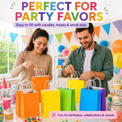 Two people using 15 Pcs Gift Bags With Handles Bulk Kraft Paper Bags For Gift Wrapping Party Favors And Small Gifts Perfect For Birthdays Valentines Christmas Craft Projects And Everyday Use.