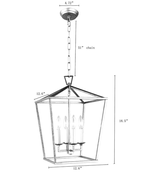 Pendant Light Lantern With Industrial Iron Art Design Vibe Four Head Candle Style Chandelier Ceiling Fixture For Hallway Kitchen Dining Room Bar Or Restaurant In Aged Gold Finish, 12.6W x 18.5H dimensions shown.