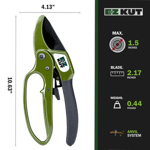 Heavy Duty Ratcheting Pruning Shears For Effortless Garden Cuts Up To 1.5 Inches with Premium SK5 Steel Blades, green handle.