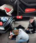 I GO red hard-shell 85-piece first aid kit, compact travel medical kit, shown in car glovebox and door pocket.