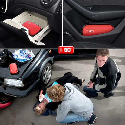 I GO red hard-shell 85-piece first aid kit, compact travel medical kit, shown in car glovebox and door pocket.