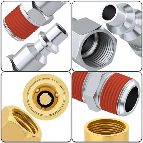 Close-up of Air Hose Fittings Kit 1/4 Inch NPT Quick Connect Coupler And Plug Set I M Type 14 Pieces, showing metal and brass components.