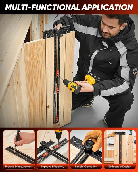 Man using 4 In 1 Scriber Marking Line Ruler 29.5 Inch Spliceable Extended T Square for DIY woodworking project on wood panel.