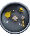 Top view of Steel Forklift Propane Tank Cylinder with Built In Gauge, 33.5 Lb Capacity, Liquid Draw Design, gray finish