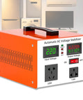 Rock Solid Heavy Duty Digital Voltage Regulator With Instant Readout Screen, 1000W capacity, orange color, designed for home appliances.
