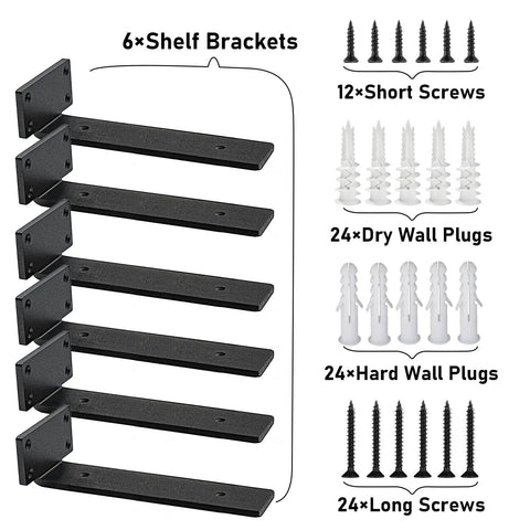 Image showing Heavy Duty 8 Inch Black L Shaped Shelf Brackets Set Of 6 Built Tough Hidden Steel Hardware with screws and wall plugs.