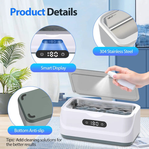 Ultrasonic Jewelry Cleaner 24W with 48kHz high frequency waves featuring smart display, anti-slip base, and stainless steel detail
