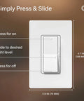 Buttery Smooth LED Dimmer Switch With Sleek Paddle Design For Single Pole And Three Way Installations to Banish Flicker and Buzz, showing press and slide features.