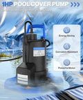 1 HP Submersible Pool Cover Pump With 5000 GPH Flow Rate Check Valve Three Adapters 29.5 Foot Cord For Above Ground Automatic On Off System Sump Flood Basement And Pond Water Removal with visible product label and handle on a pool cover.