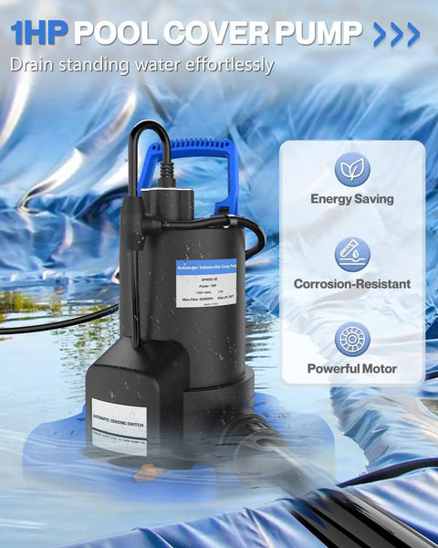 1 HP Submersible Pool Cover Pump With 5000 GPH Flow Rate Check Valve Three Adapters 29.5 Foot Cord For Above Ground Automatic On Off System Sump Flood Basement And Pond Water Removal with visible product label and handle on a pool cover.