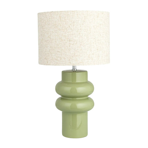 Stoneware Table Lamp In Celery Green With Linen Drum Shade Modern Boho Style Lighting For Living Room Or Bedroom Warm Soft Glow