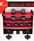 Power Tool Rack With Adjustable Height Wall Mount Red Tool Storage Organizer For Pegboard And Side Mount Garage, Heavy Duty 280 Lbs Capacity, Laser Welded Steel Construction With Abrasive Powder Coat Finish displaying weights