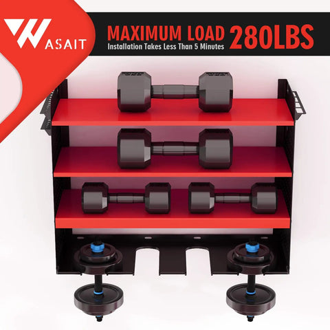 Power Tool Rack With Adjustable Height Wall Mount Red Tool Storage Organizer For Pegboard And Side Mount Garage, Heavy Duty 280 Lbs Capacity, Laser Welded Steel Construction With Abrasive Powder Coat Finish displaying weights