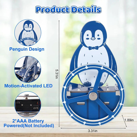 DIY Penguin Soldering Kit With Motion Activated RGB Lights For STEM Education, product dimensions and features display.