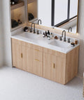 60 Inch Freestanding Double Sink Bathroom Vanity With White Quartz Countertop And Fluted Wood Finish in modern bathroom setting.