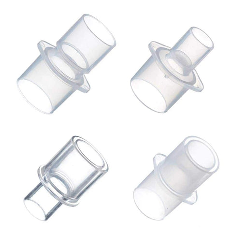 Universal CPAP BiPAP Tubing Adapters 4 Pack Set With 22MM To 22MM, 22MM Male To 15MM Female, 15MM Outer To 22MM Outer With 15MM Inner, And 22MM Outer To 22MM Outer With 15MM Inner, Works With Most Machines And Cleaners, clear plastic adapters