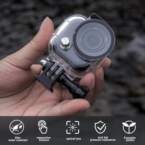 Hand holding Waterproof Dive Case For Go Ultra Thumb Camera, 164ft/50m Underwater Housing With Bracket, Scuba Shell