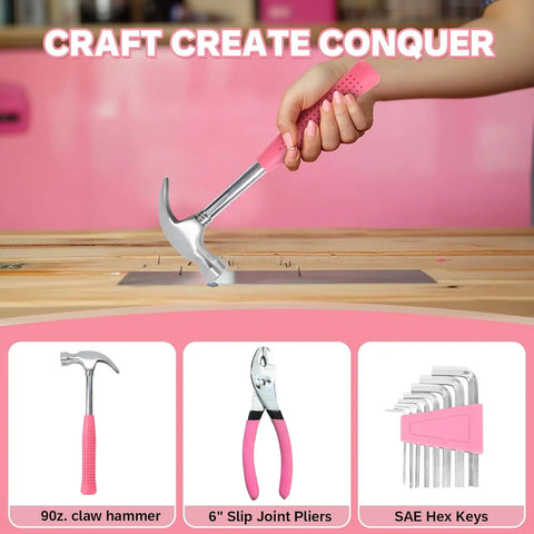 Person using pink hammer from 39 Piece Household Tool Set For Home, Garage, Office And Dorm in pink workspace.