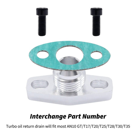 AN10 Turbo Oil Return Drain Flange Adapter Kit For Garrett GT28 GT30 GT35 T25 Turbos Billet Aluminum, gasket, and bolts