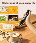 Handheld Milk Frother With Stand, Rechargeable Foam Maker Wand, 3 Speed Adjustable Electric Frother With Detachable Stainless Steel Whisks For Latte, Cappuccino, Hot Chocolate, For Your Home Barista Vibe shown in use frothing milk in a cup