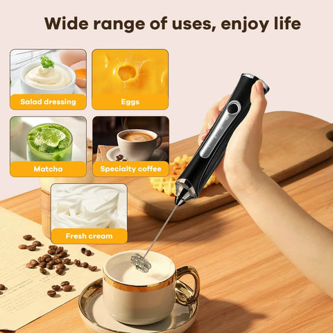 Handheld Milk Frother With Stand, Rechargeable Foam Maker Wand, 3 Speed Adjustable Electric Frother With Detachable Stainless Steel Whisks For Latte, Cappuccino, Hot Chocolate, For Your Home Barista Vibe shown in use frothing milk in a cup