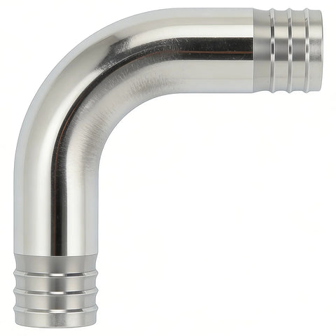 304 stainless steel 90-degree elbow hose barb fitting, 3/4 in x 3/4 in, side view.