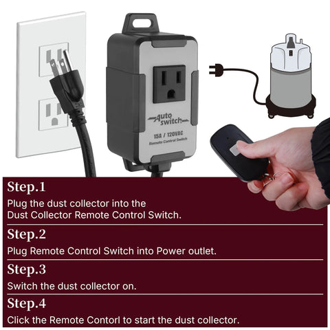 Wireless Remote Control Dust Collector Starter Outlet Switch 120 Volt Battery Included Lets You Start And Stop Your Dust Collector From Anywhere In The Shop PTA09, illustrating setup and operation step-by-step guide.