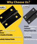 Front and side views of six 2-inch stainless steel black cabinet door hinges with screws.