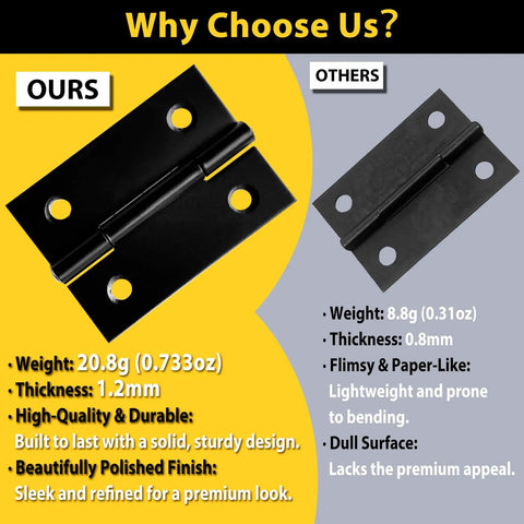 Comparison of 2-Inch Stainless Steel Mini Hinges Set with 48 Screws for DIY Wood Boxes, Small Cabinets, Jewelry Boxes, heavy duty black finish.